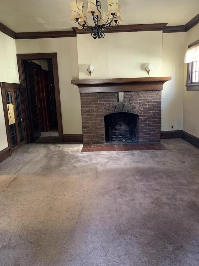 unfurnished living room featuring crown molding, a brick fireplace, and carpet