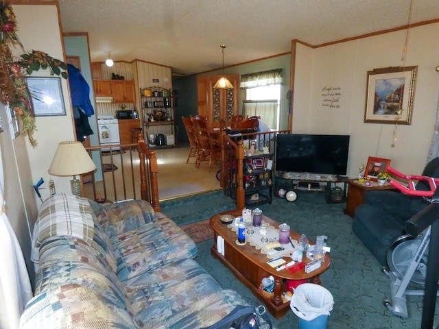 carpeted living room featuring crown molding and washer / dryer