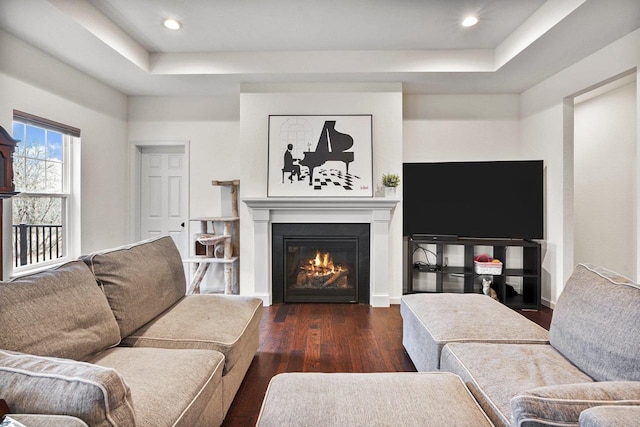 1452 Serenity Ct, Sun Prairie, WI 53590 - living room featuring a raised ceiling, a glass covered fireplace, and wood finished floors
