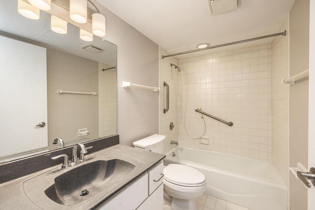 full bath with toilet, shower / bath combination, visible vents, and vanity