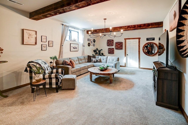 carpeted living room with a notable chandelier, beamed ceiling, visible vents, and baseboards