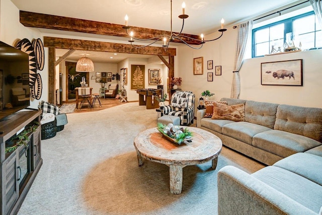 living area featuring carpet flooring and beam ceiling