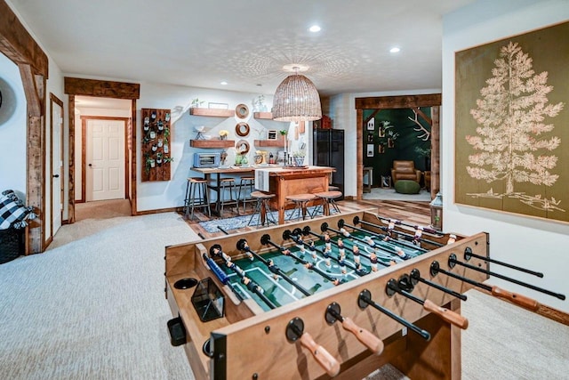 playroom with recessed lighting, carpet flooring, and baseboards