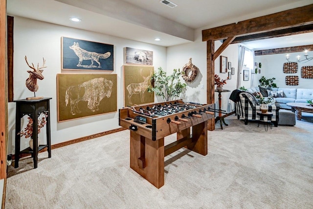 rec room featuring carpet, beamed ceiling, and recessed lighting