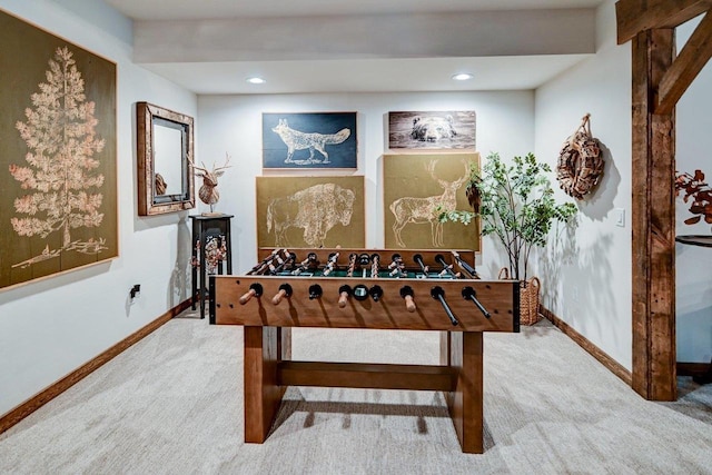 recreation room with carpet floors, recessed lighting, and baseboards