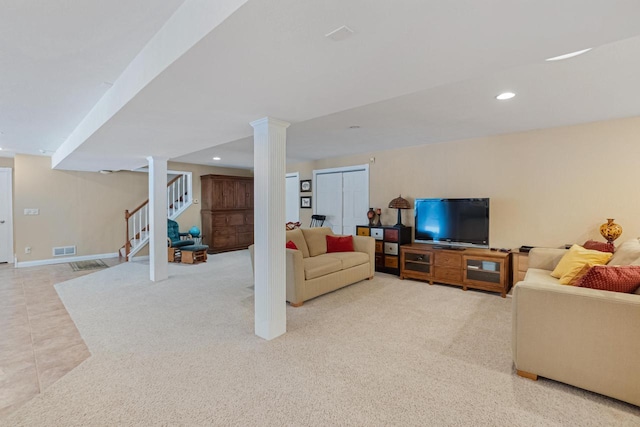 living room with light colored carpet