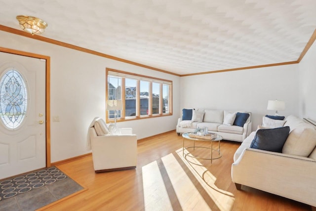 living room with hardwood / wood-style flooring and crown molding