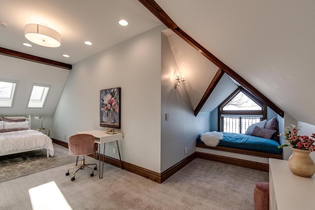 carpeted bedroom featuring lofted ceiling with skylight, recessed lighting, and baseboards