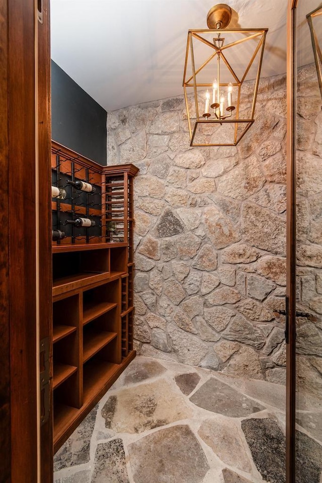 wine cellar with an inviting chandelier