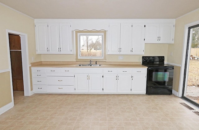 kitchen featuring white cabinetry, ornamental molding, sink, and black range with electric cooktop