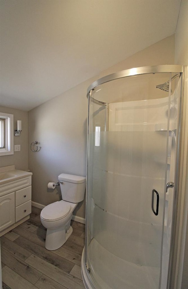 full bath featuring toilet, a stall shower, vanity, and wood finished floors