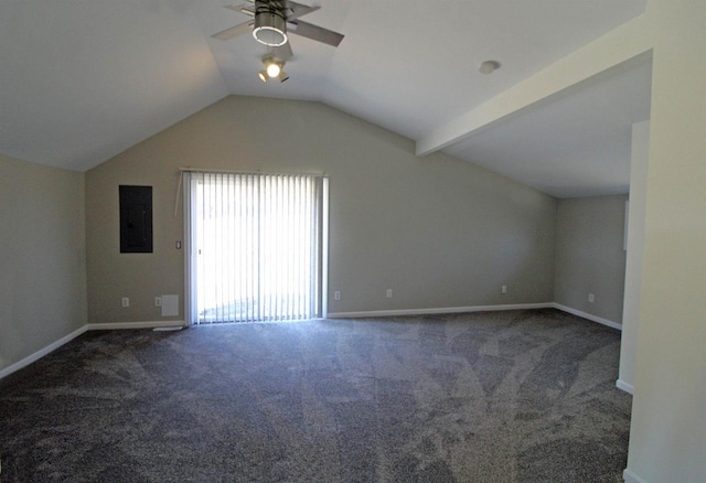 additional living space featuring baseboards, carpet floors, lofted ceiling, electric panel, and ceiling fan