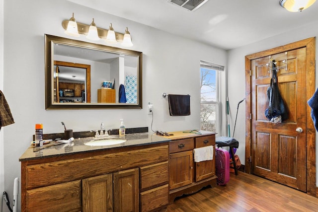 bathroom with vanity and wood-type flooring