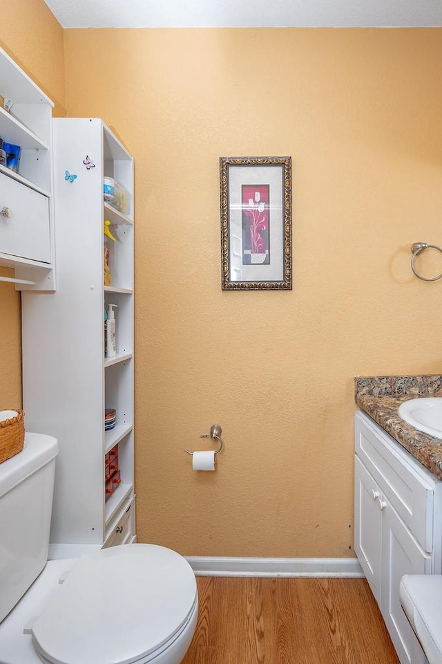 bathroom featuring wood-type flooring, toilet, and vanity