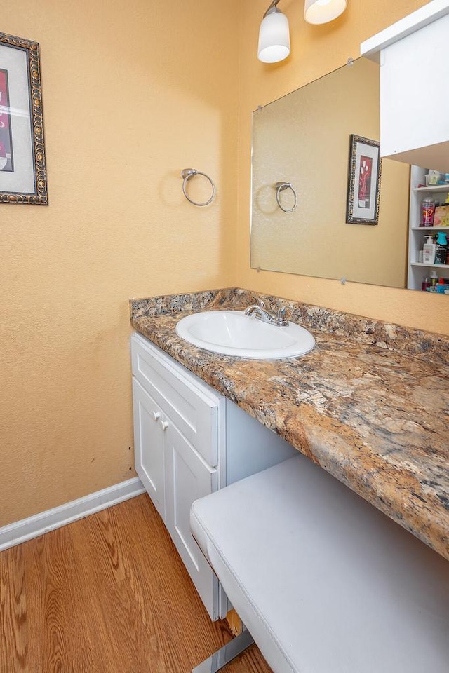 bathroom with vanity and wood-type flooring