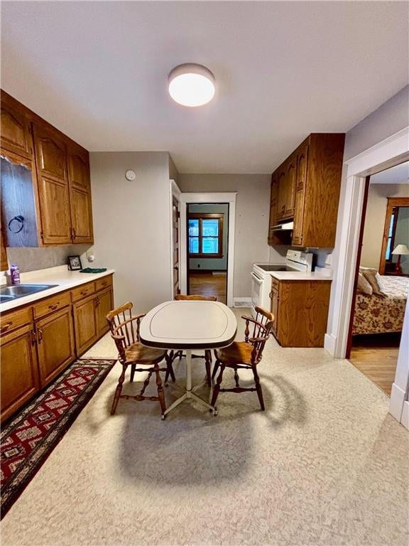 kitchen with light colored carpet, white electric range, and sink