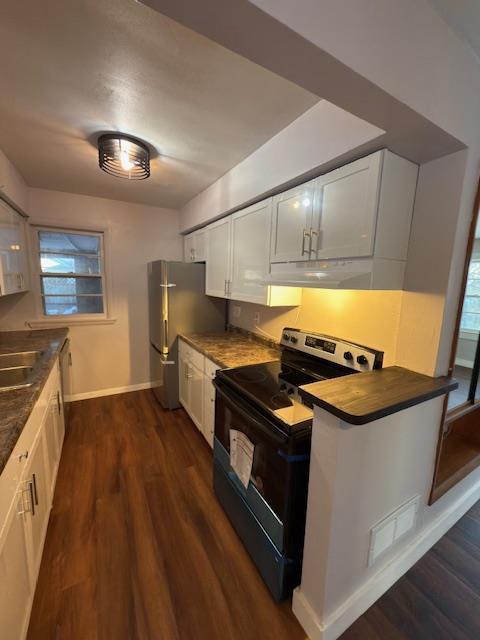 kitchen featuring white cabinetry, appliances with stainless steel finishes, dark hardwood / wood-style floors, and a healthy amount of sunlight