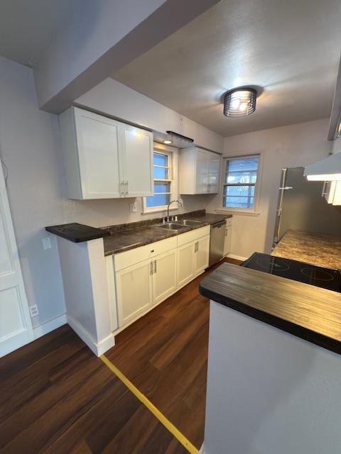 kitchen with sink, dark wood-type flooring, white cabinets, stainless steel dishwasher, and exhaust hood