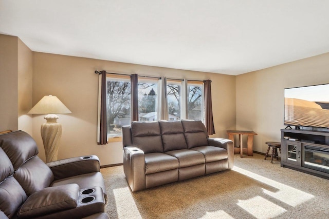 living room featuring light carpet