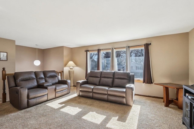 living room featuring light colored carpet