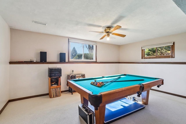 playroom with pool table, carpet floors, a wealth of natural light, and ceiling fan