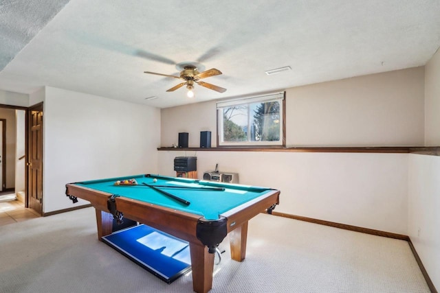 playroom featuring ceiling fan, pool table, light carpet, and a textured ceiling