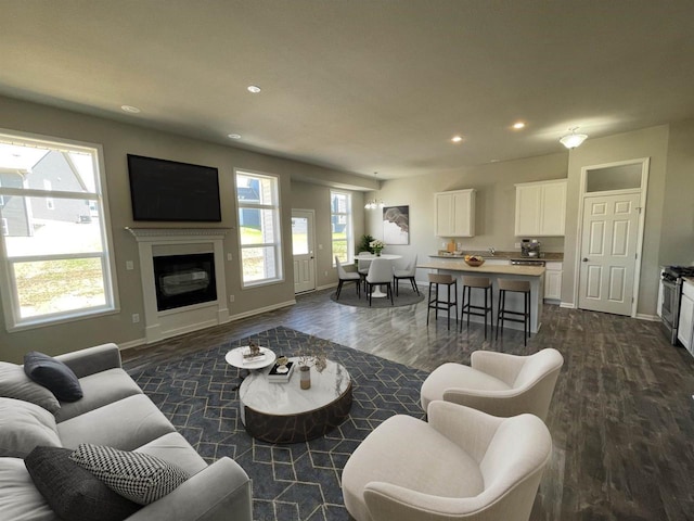 living room with dark hardwood / wood-style flooring