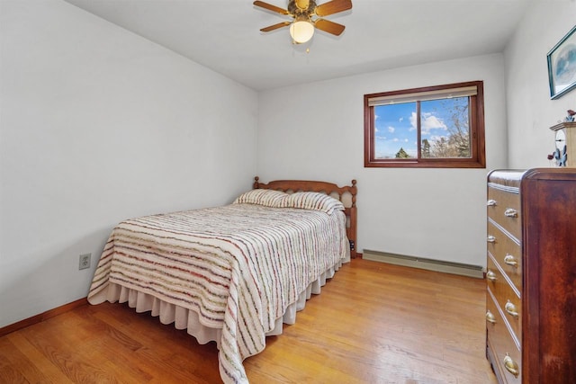 bedroom featuring a baseboard radiator, light hardwood / wood-style floors, and ceiling fan