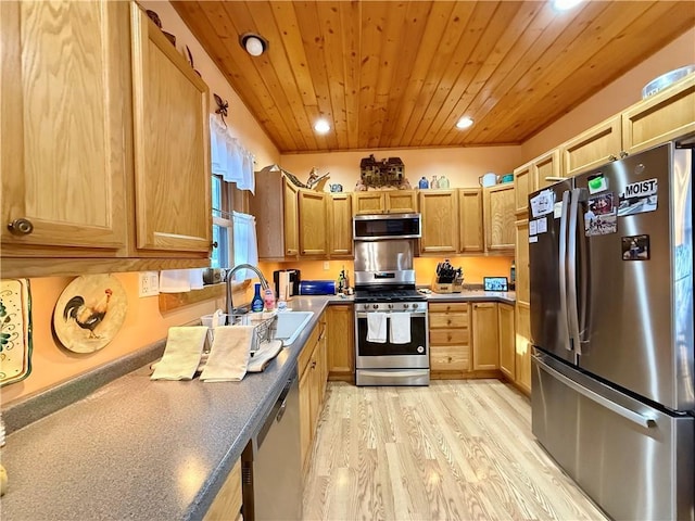 kitchen with sink, light hardwood / wood-style flooring, stainless steel appliances, and wooden ceiling