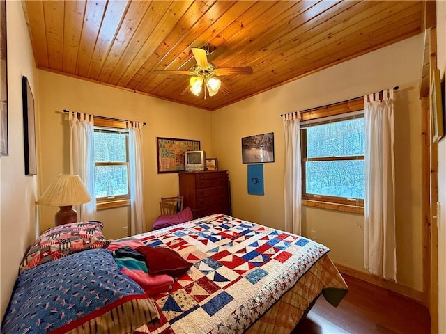 bedroom with ceiling fan, hardwood / wood-style floors, and wooden ceiling