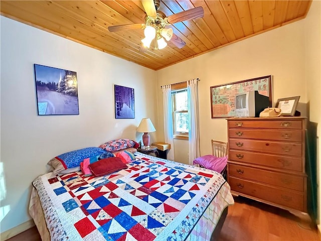 bedroom featuring wood-type flooring, wooden ceiling, and ceiling fan