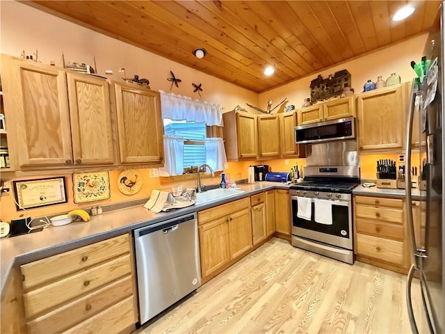 kitchen with stainless steel appliances, sink, wood ceiling, and light hardwood / wood-style flooring