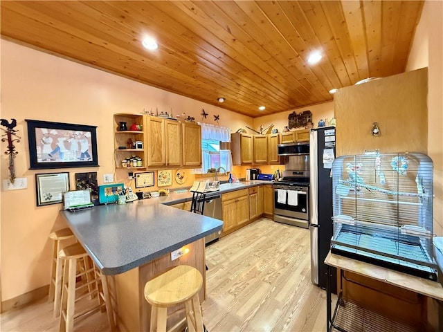 kitchen with sink, a kitchen breakfast bar, light hardwood / wood-style floors, kitchen peninsula, and stainless steel appliances