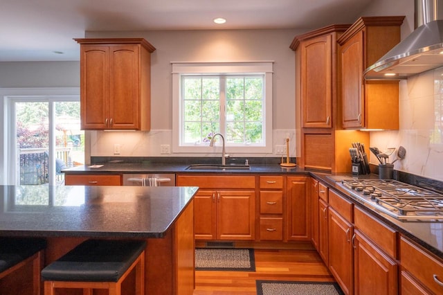 kitchen with wall chimney exhaust hood, sink, light wood-type flooring, appliances with stainless steel finishes, and decorative backsplash