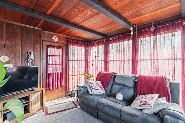 carpeted living room with wooden walls, beamed ceiling, wooden ceiling, and plenty of natural light