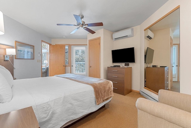 bedroom with light carpet, baseboard heating, a wall mounted air conditioner, and access to exterior