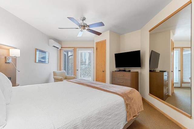 bedroom featuring ceiling fan, an AC wall unit, access to outside, and carpet flooring