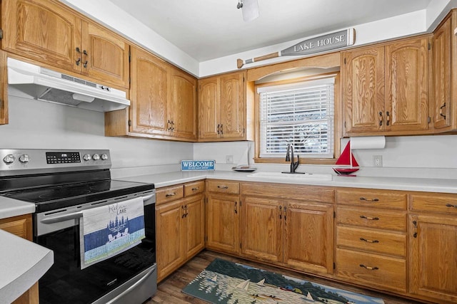 90 Lake St, Oshkosh, WI 54901 - kitchen featuring a sink, stainless steel electric range oven, under cabinet range hood, and light countertops