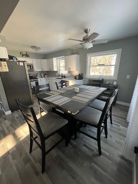 dining space featuring ceiling fan, plenty of natural light, sink, and dark hardwood / wood-style flooring