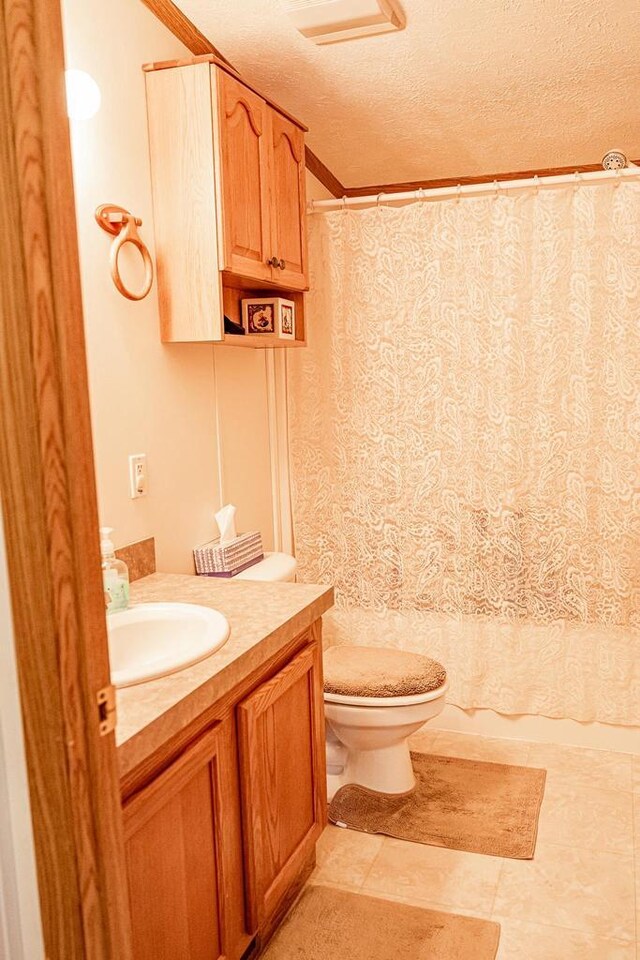 6050 Cth Y, Hazelhurst, WI 53531 - bathroom featuring tile patterned flooring, vanity, a textured ceiling, and toilet