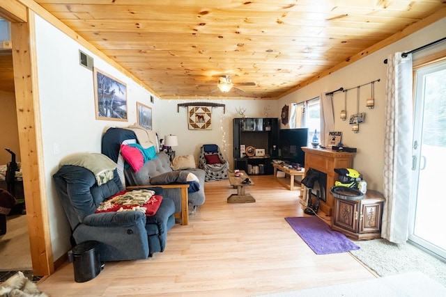 6050 Cth Y, Hazelhurst, WI 53531 - living room with ceiling fan, light wood-type flooring, and wood ceiling