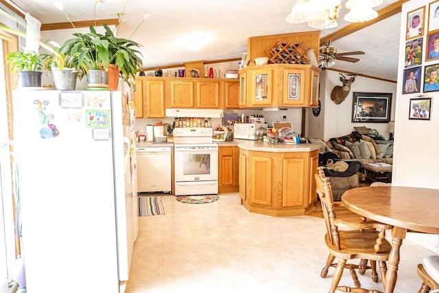 6050 Cth Y, Hazelhurst, WI 53531 - kitchen featuring lofted ceiling, white appliances, a textured ceiling, ornamental molding, and ceiling fan
