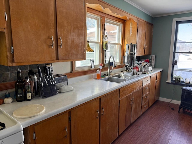 kitchen with brown cabinetry, ornamental molding, a sink, light countertops, and a wealth of natural light