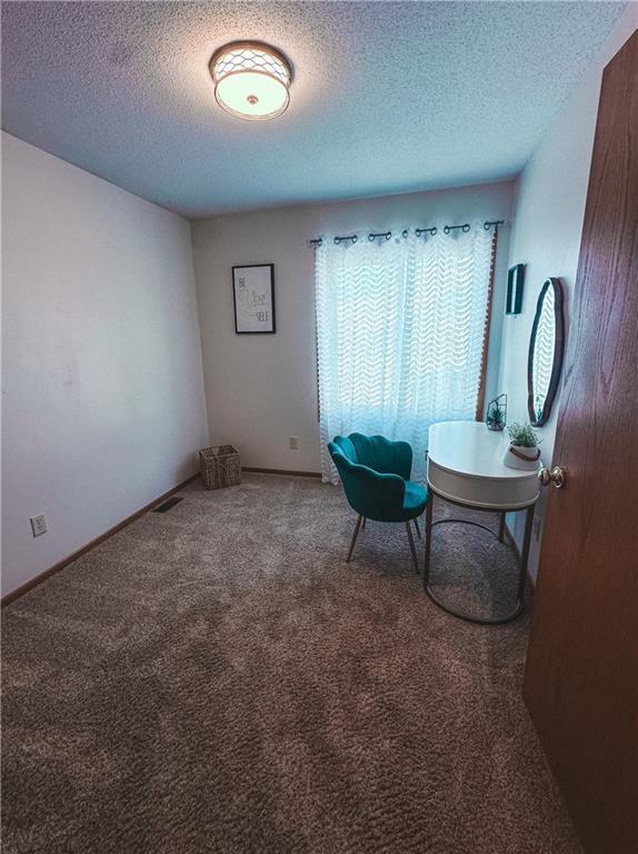 sitting room with carpet, a textured ceiling, and baseboards