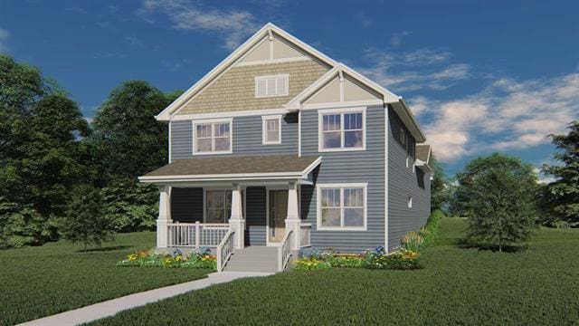 view of front of house featuring a porch and a front lawn