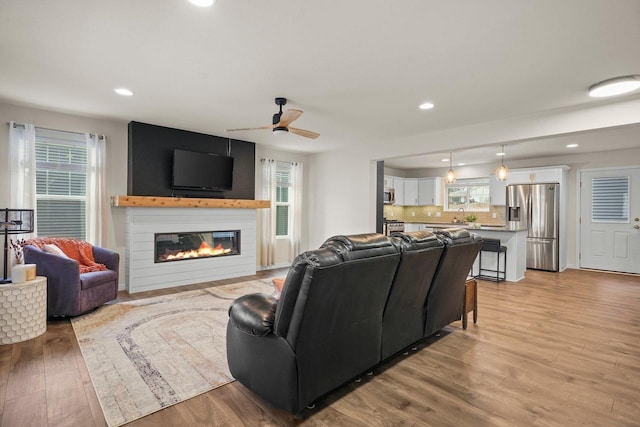 living area with a healthy amount of sunlight, light wood-style floors, and a glass covered fireplace