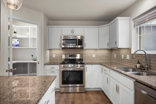 kitchen with appliances with stainless steel finishes, dark wood-type flooring, a sink, and decorative backsplash