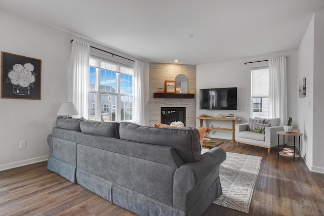 living room featuring a large fireplace, baseboards, and wood finished floors