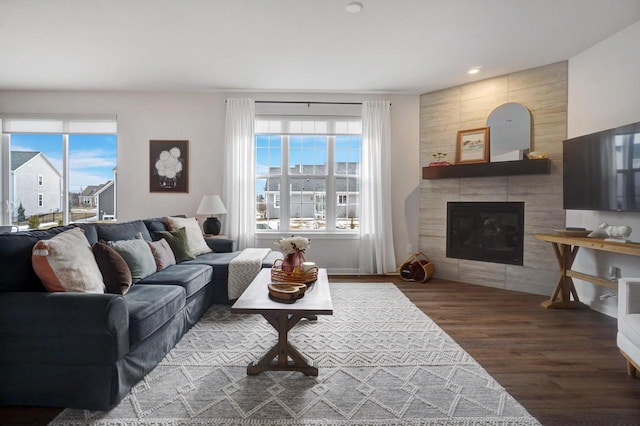 living room featuring a fireplace, wood finished floors, and recessed lighting