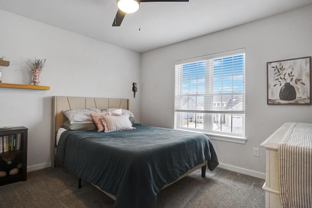 bedroom featuring ceiling fan, baseboards, and carpet flooring